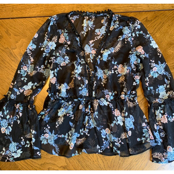 White House Black Market Black Peplum Semi Sheer Blouse Size MP - Picture 5 of 10